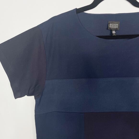 Eileen Fisher Small S Navy Blue Patchwork Short Sleeve Blouse Top Crew Neck Boxy - Picture 6 of 10